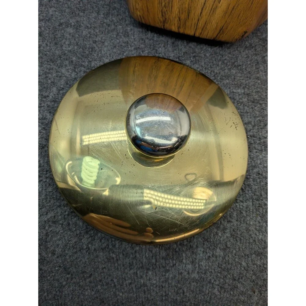 Kraftware Vintage Ice Bucket Faux Woodgrain Gold Tone Lid Mid Century Barware